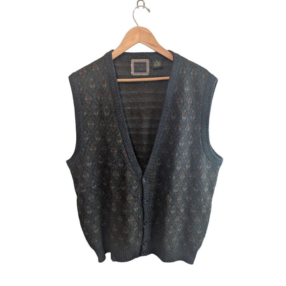 Vintage Sweater Vest Mens XL Gray Wool Geometric 90s Preppy Academia Grandpacore